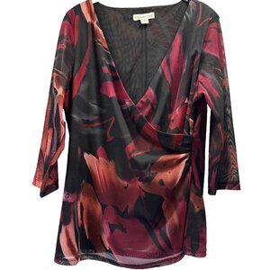 Coldwater Creek Women's Top Large Dark Black Red Faux Wrap‎ Mesh Lined Stretch